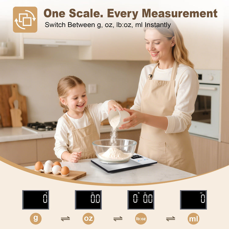 Woman and child in a kitchen using a digital kitchen scale with measurement conversion graphics.