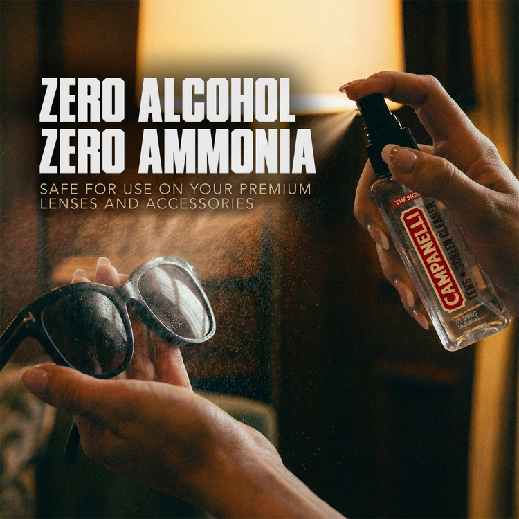 Person holding sunglasses and a bottle of Campanelli lens cleaner with text about alcohol and ammonia safety.