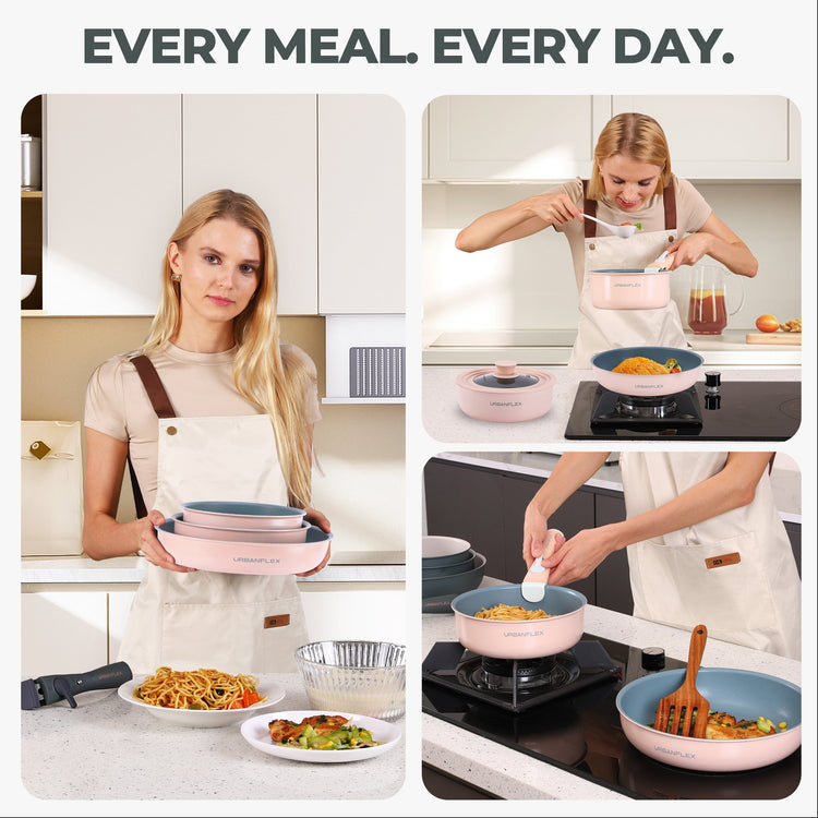 Woman in a kitchen preparing meals with cookware, text 'Every meal. Every day.'