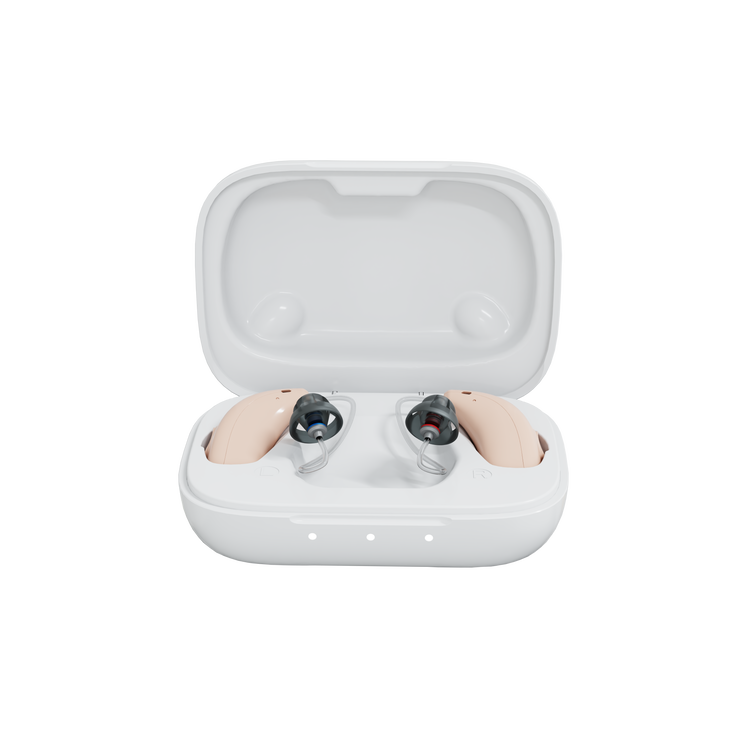 Wireless earbuds in a white charging case on a white background