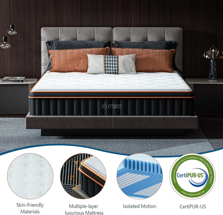 Gray upholstered bed with a mattress, pillows, and CertiPUR-US certification logo in a bedroom setting.