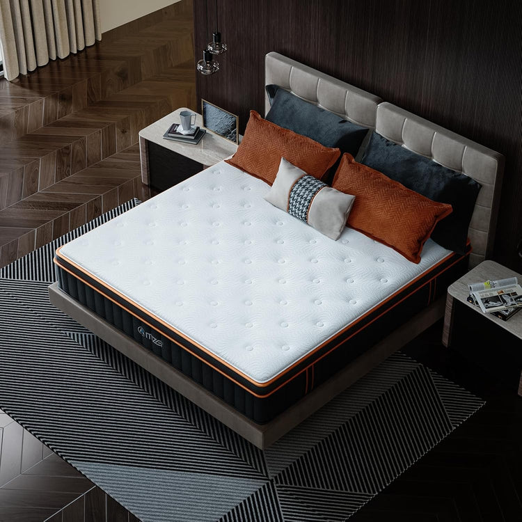 Mattress on a bed with decorative pillows in a bedroom setting