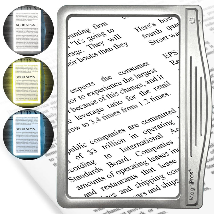 Metal reading magnifier with text on a white background
