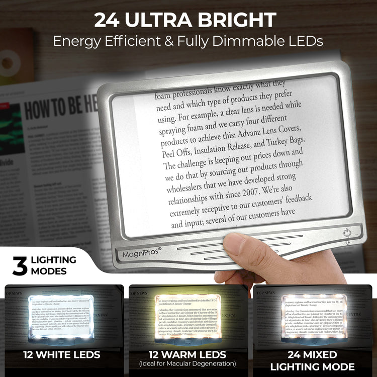 Hand holding a MagniPro magnifying device over a magazine with text, showing different lighting modes.
