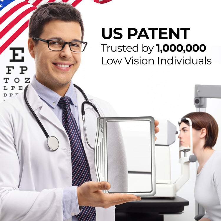 Doctor holding a device with text about US patent and low vision individuals