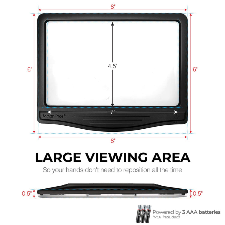 magnifying glass with dimensions and text about large viewing area