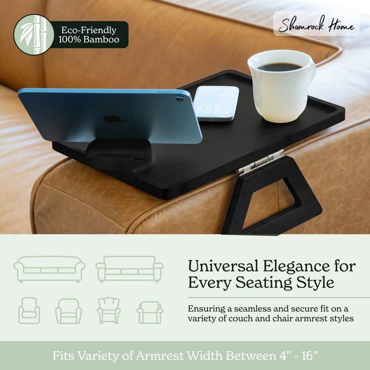 Black tray with tablet stand on a brown couch, featuring 'Shamrock Home' branding.