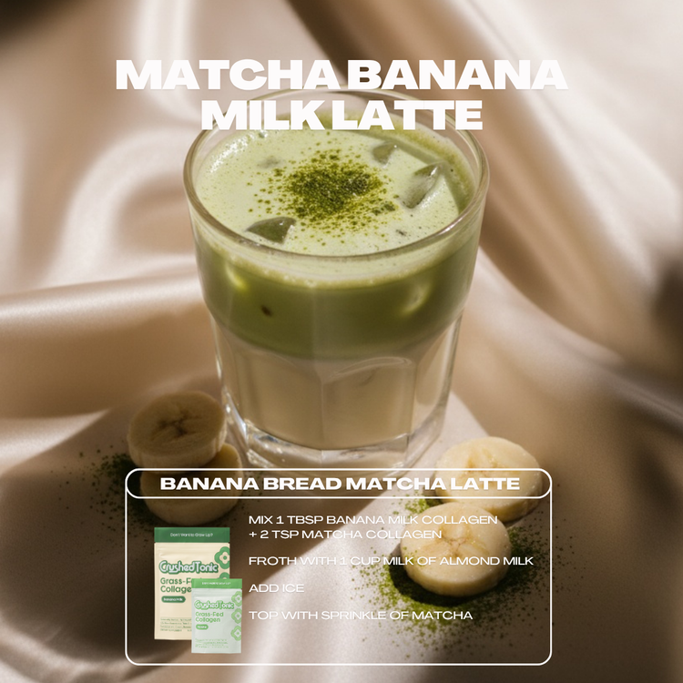Matcha banana milk latte with ingredients on a neutral background
