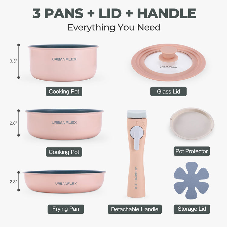 Set of pink cookware with components labeled on a white background