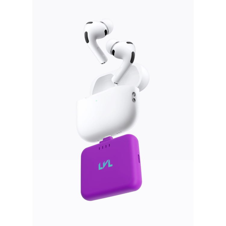 White wireless earbuds with a purple charging case on a white background