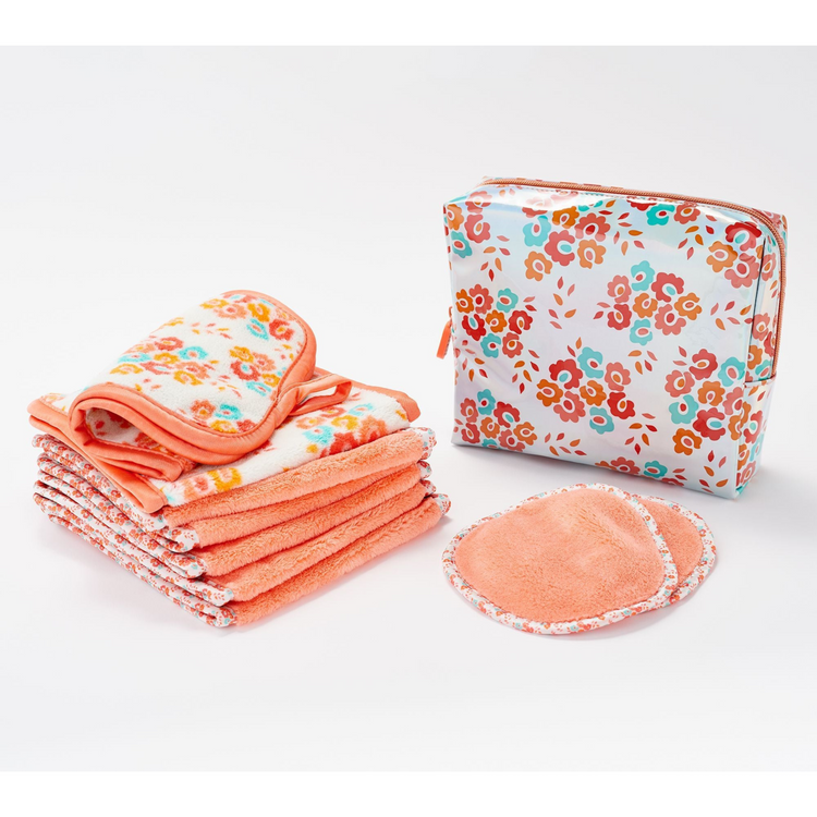 Set of reusable pads with a floral-patterned pouch on a white background