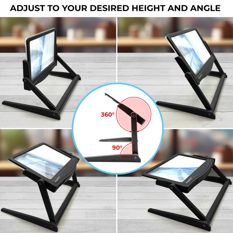 Adjustable tablet stand with multiple angles on a wooden surface