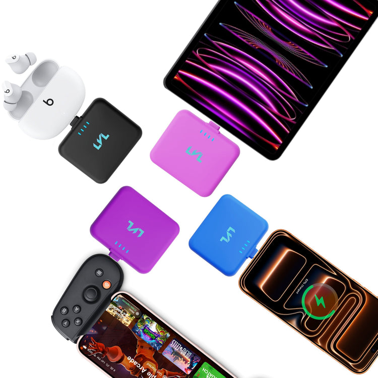 Collage of electronic devices including a smartphone, wireless earbuds, and colorful cases on a white background.