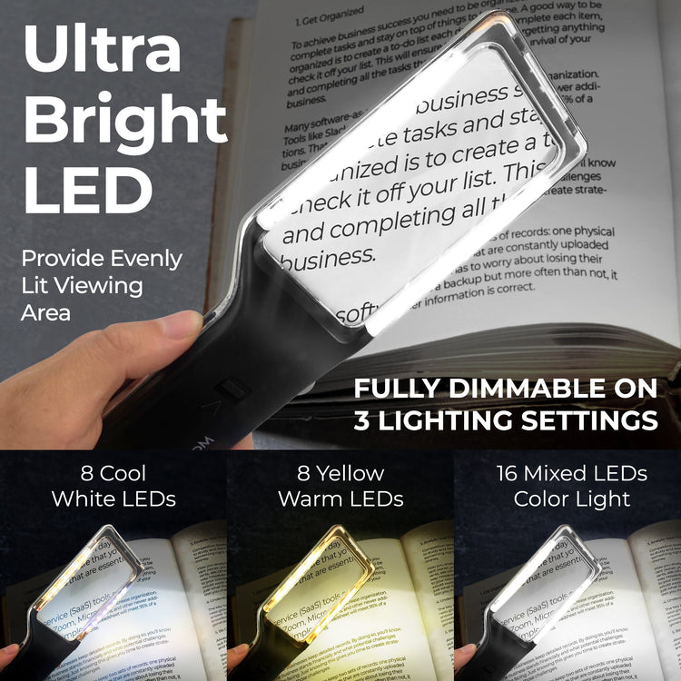 Handheld LED light illuminating a book with text, highlighting features like ultra bright LED, dimmable settings, and color options.