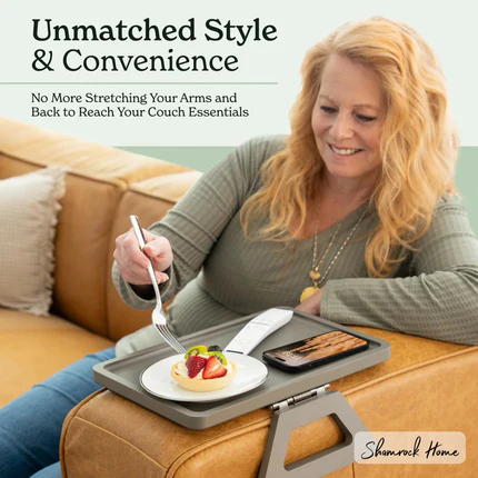 Woman using a tray to eat and use a phone on a couch, with text about style and convenience.