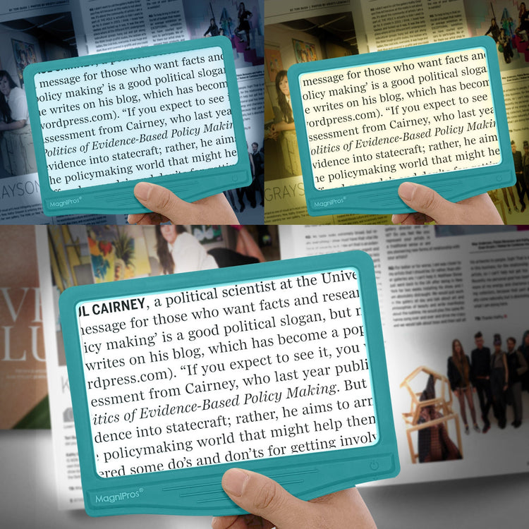 Person holding a teal card with text over a blurred background of books and people.