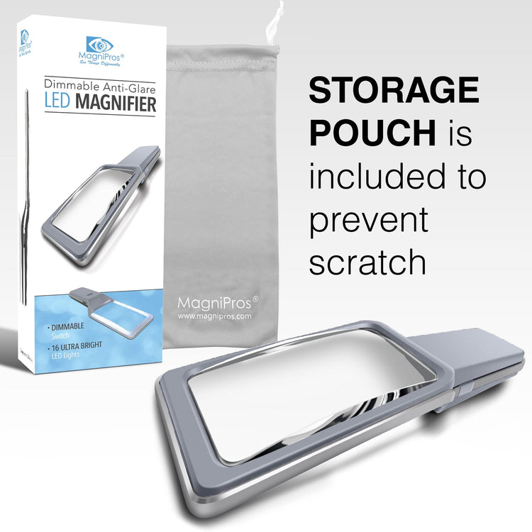 Magnifying glass with packaging and storage pouch on a white background