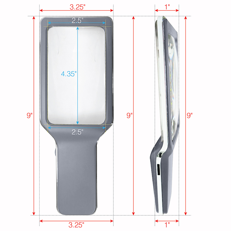 Measurement chart of a handheld mirror with dimensions labeled.