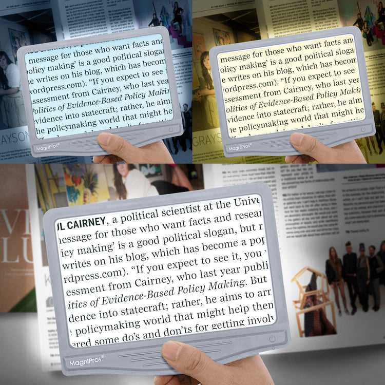 Person holding a MagnaView e-reader displaying text on a magazine background