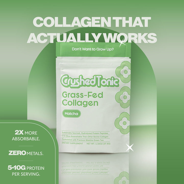 Package of Crushed Tonic Grass-Fed Collagen with green background