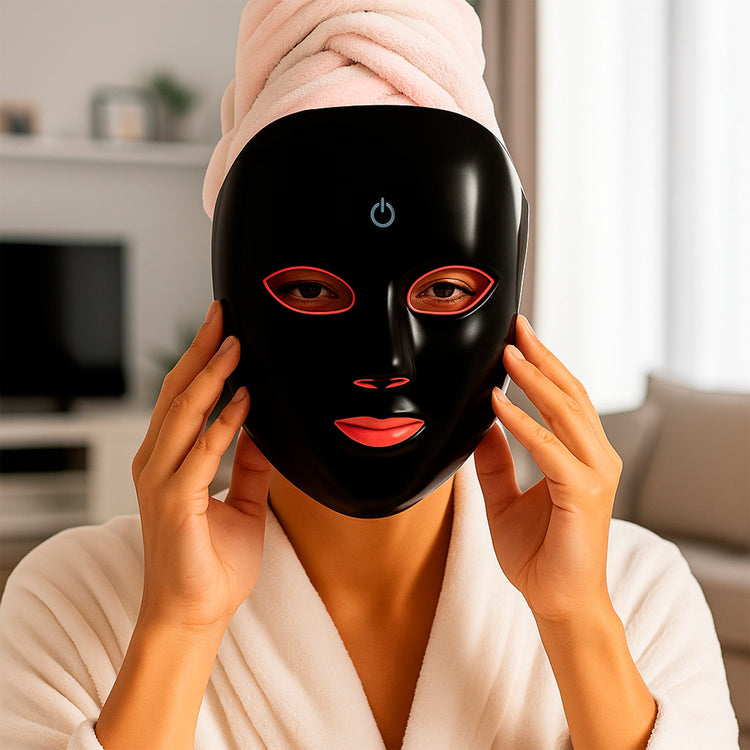 Person wearing a black LED face mask with red accents in a home setting.