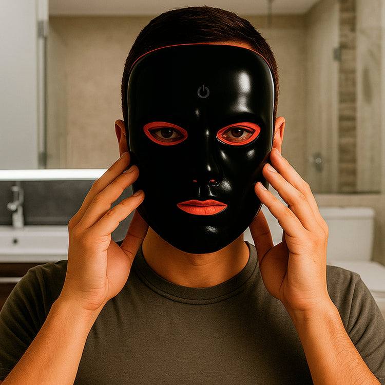 Person wearing a black face mask with red accents in a bathroom setting