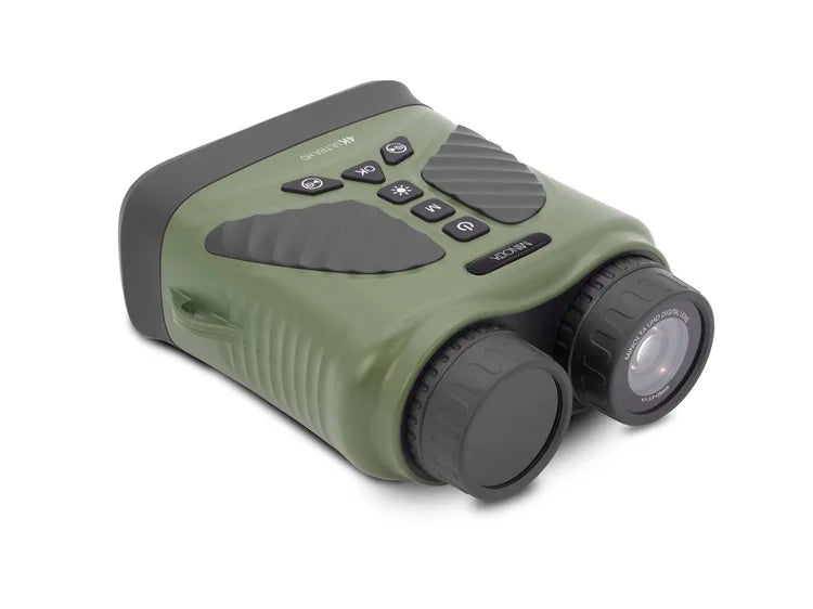 Green and black laser rangefinder on a white background