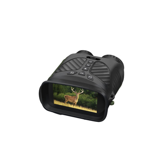 Black digital rangefinder with screen displaying a deer in a grassy field on a white background