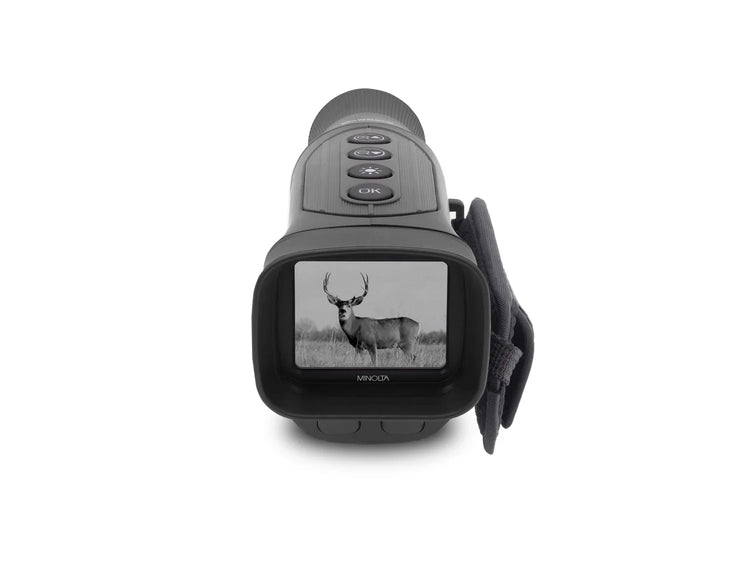 Digital camera with screen displaying a deer image on a white background
