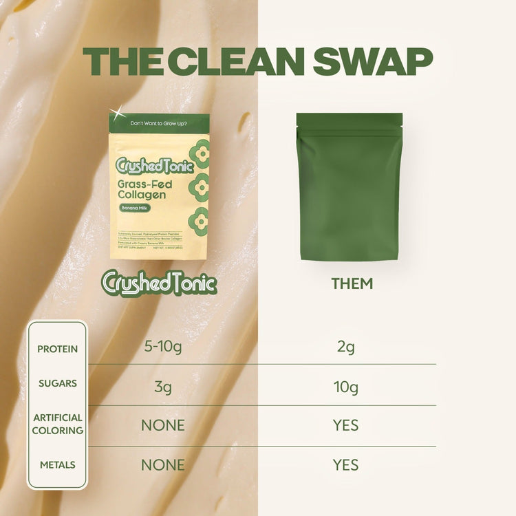 Comparison chart of 'Crushed Tonic' grass-fed collagen with a green package, showing nutritional information.