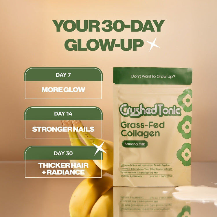 Crushed Tonic Grass-Fed Collagen package with 30-day glow-up plan on a beige background