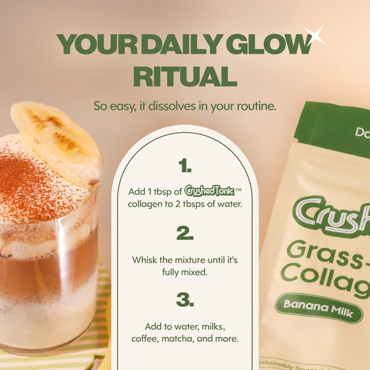 Crush Grass Collagen Banana Milk packaging with a glass of the product and instructions on a beige background.