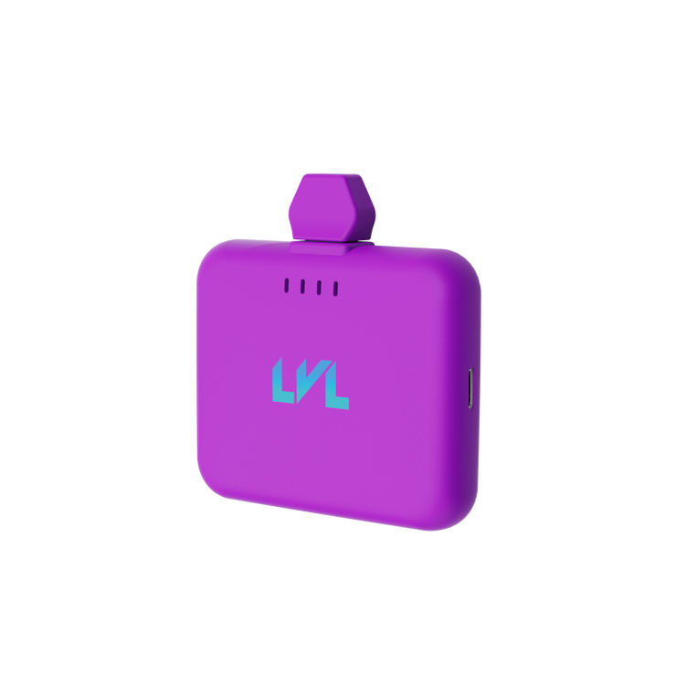 Purple handheld device with a logo on a white background