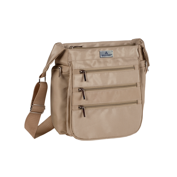 Beige shoulder bag with multiple pockets on a white background