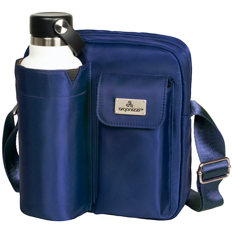 A collage of images showing a crossbody shoulder bag in various colors, with the main compartment holding a water bottle, and additional pockets for a bottle and other items. A person is seen wearing the bag across their body in one of the images.