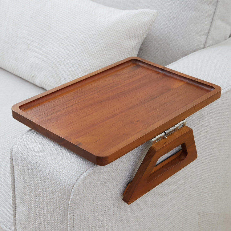 Wooden tray attached to a sofa armrest