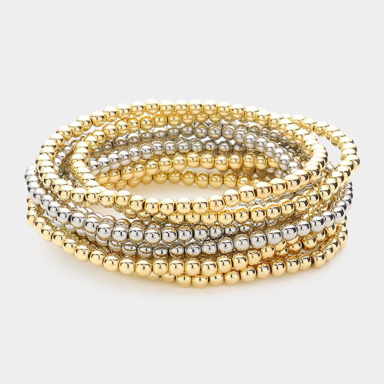 10 PC BEADED STETCH BRACELET SET - Gold/Silver
