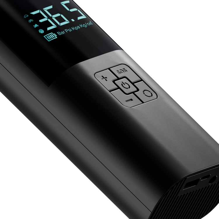 Black tire inflator with digital display on a white background