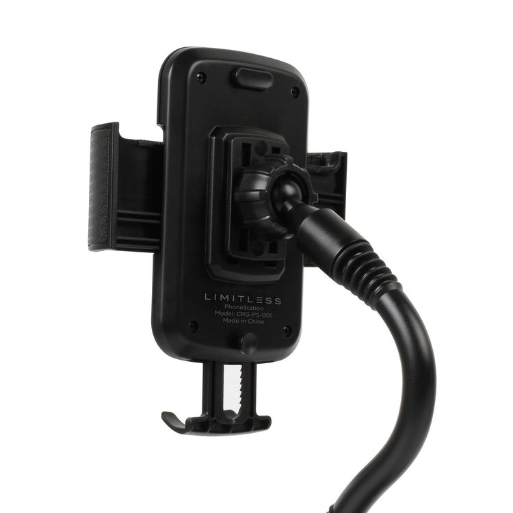 Black phone mount with cable on a white background
