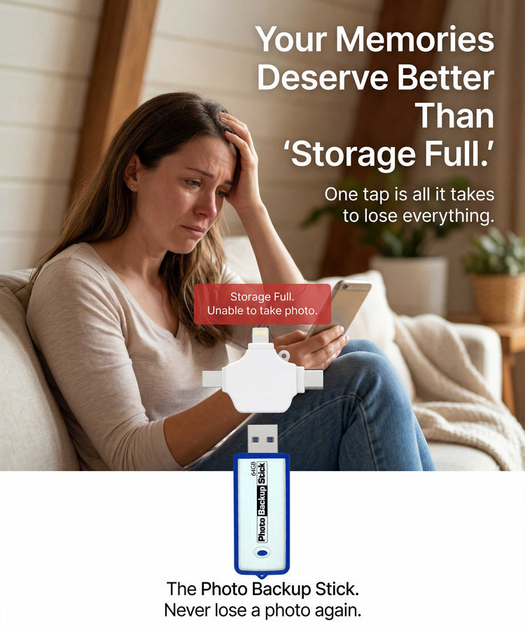 Woman sitting on a couch with a phone, looking stressed, with text about photo storage issues and a product advertisement for a Photo Backup Stick.