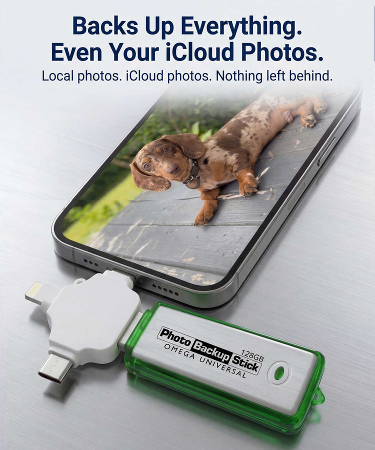 Phone with a photo backup stick and text about backing up photos.