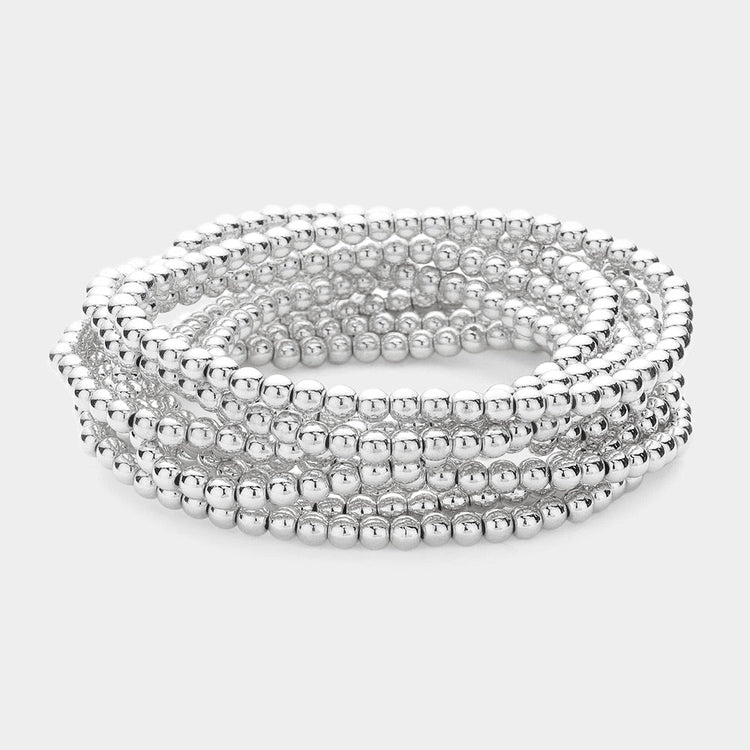 10 PC BEADED STETCH BRACELET SET - Silver