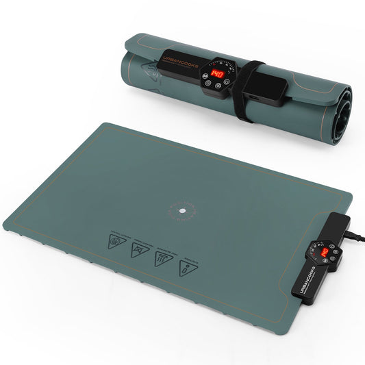 Green heating mat with a control device on a white background