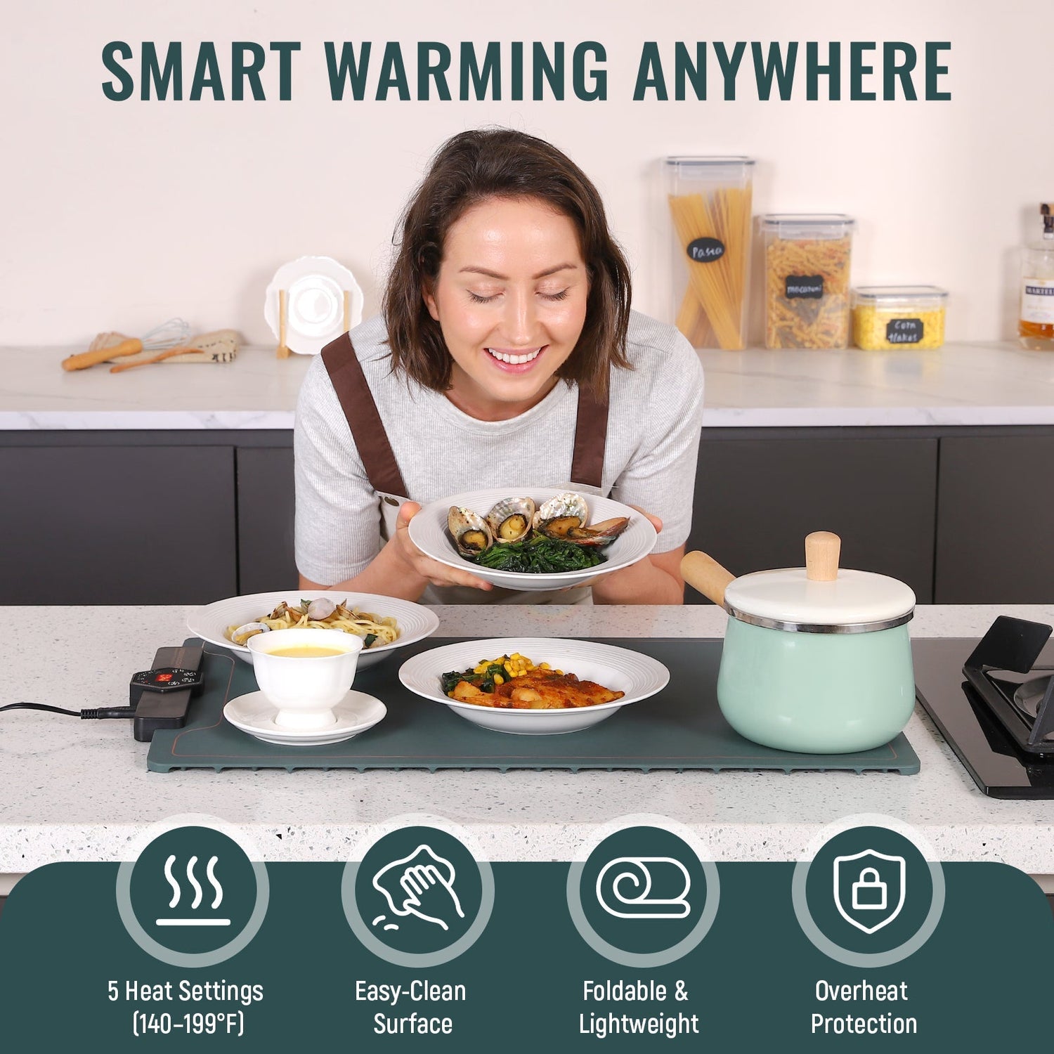 Woman holding a plate of food with a smart warming device on a kitchen counter, featuring text 'Smart Warming Anywhere'.