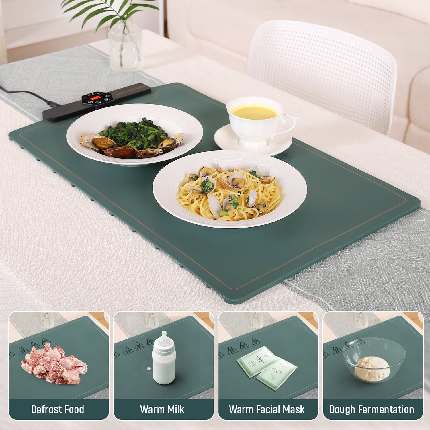 Green placemat with food items on a table, showing its versatility for defrosting, warming, and other uses.
