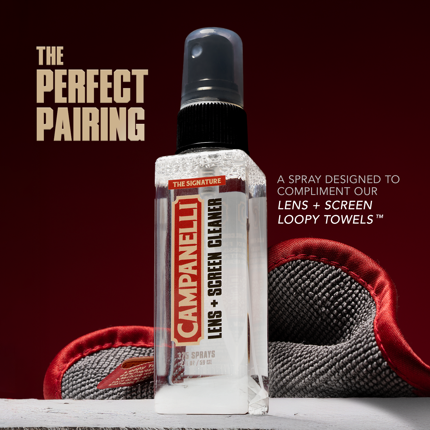 Campanelli lens and screen cleaner spray bottle with text on a red background
