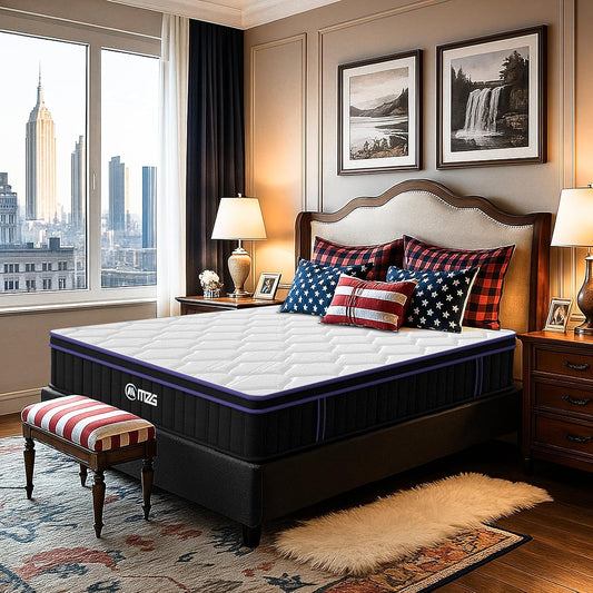 Bedroom with a mattress on a bed, plaid pillows, and cityscape view.