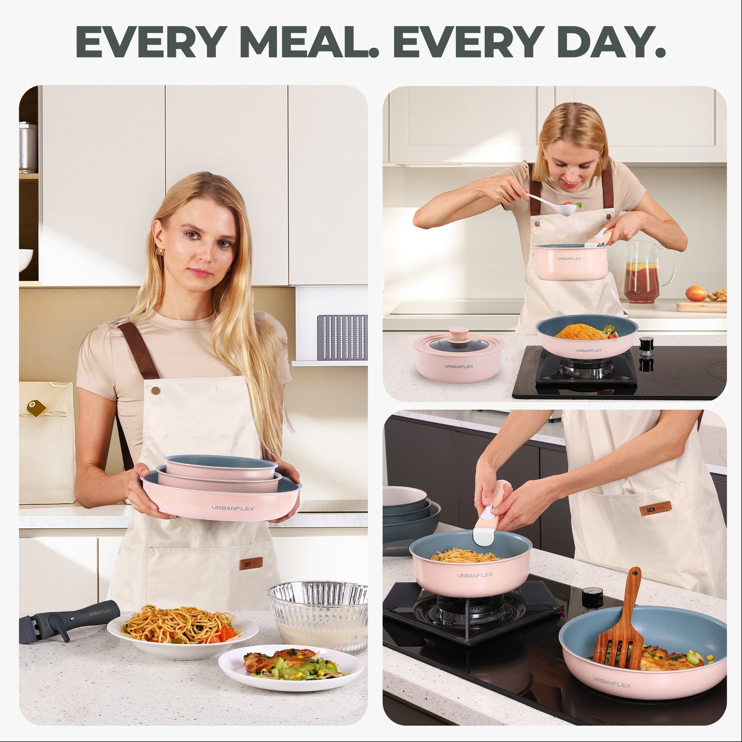 Woman in a kitchen preparing meals with cookware, text 'Every meal. Every day.'