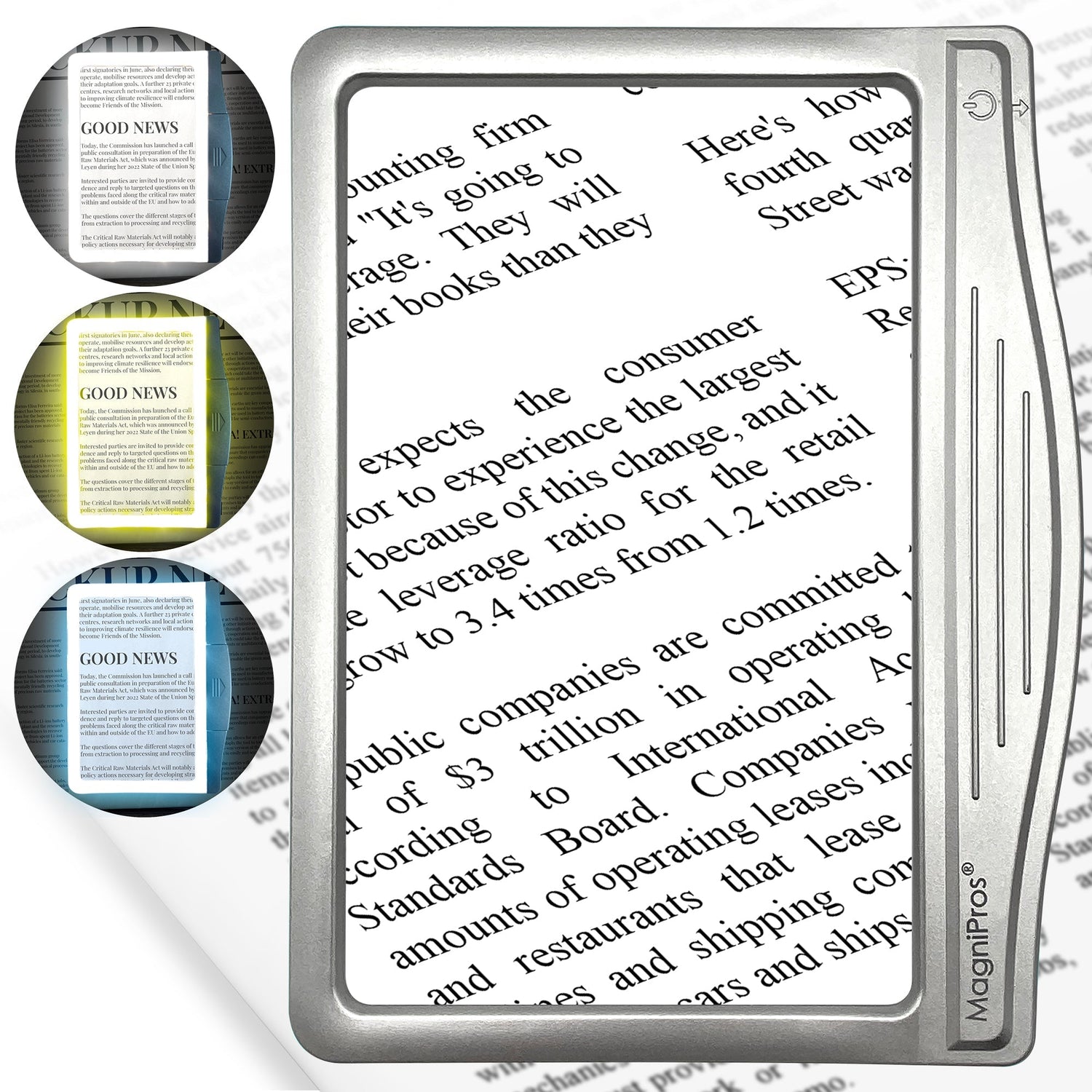 Metal reading magnifier with text on a white background