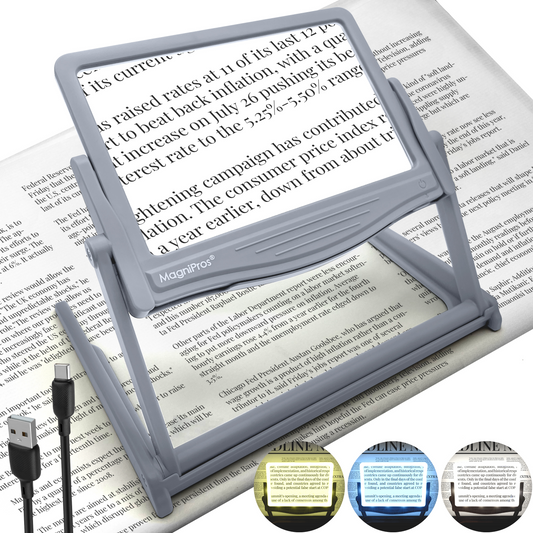 Magnifying device on a newspaper with USB cable, showing text enlargement.